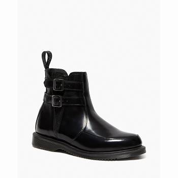 Dr Martens Női Flora Smooth Bőr Buckle Chelsea Csizma Fekete